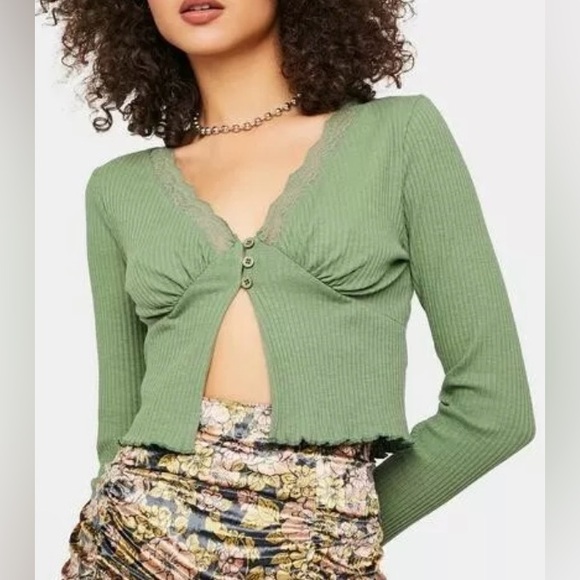 Urban outfitters dark green with a teal lace half button up top. - Picture 8 of 16